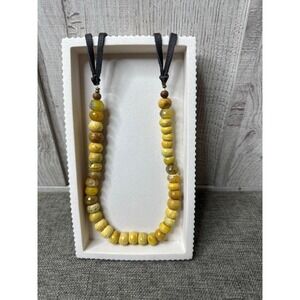 Yellow Brown Wooden Beads Necklace With Adjustable Black Cord Womens